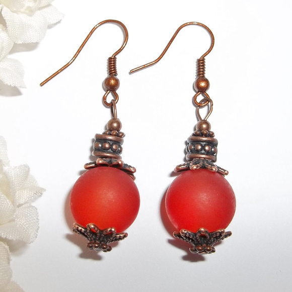Orange and Copper Boho Beach Glass Earrings 1980 - Picture 1 of 4
